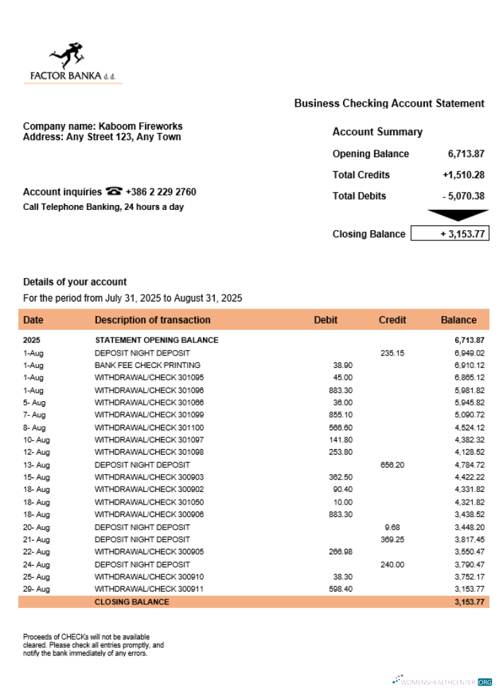 Download Slovenia Factor Banka firm account statement Word and PDF template Photoshop template